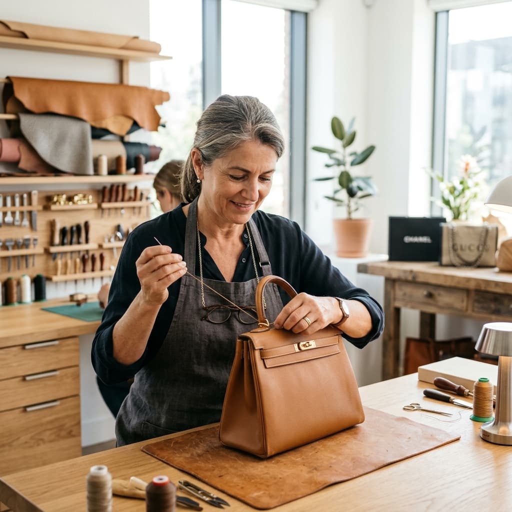 Master artisan repairing luxury leather goods